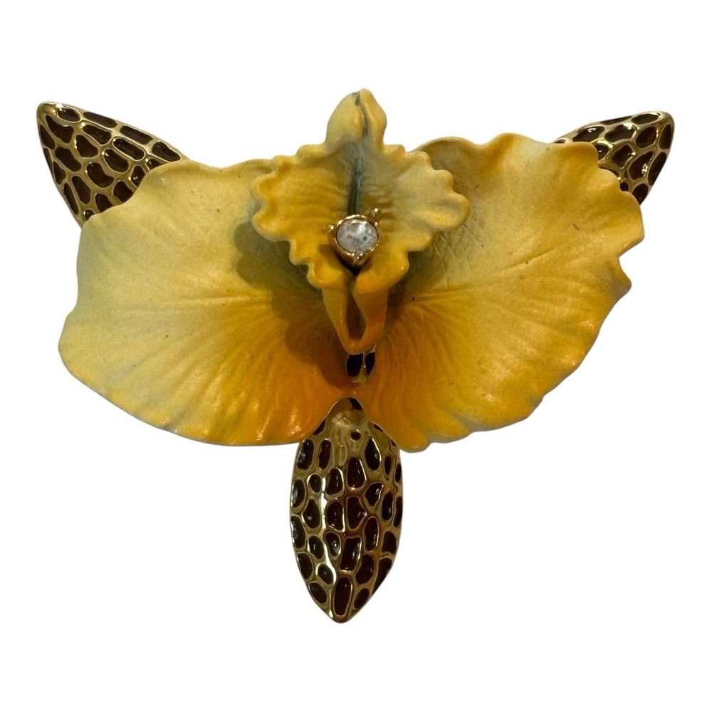 Vintage Joan Rivers Brooch Yellow Orchid Rhinestone Flower Pin
